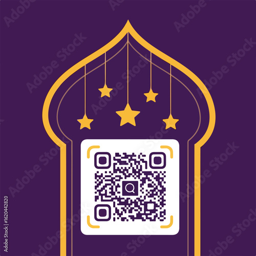A beautiful Islamic arch in purple and gold frames a central QR Code, with hanging stars creating a festive design for Ramadan greetings.