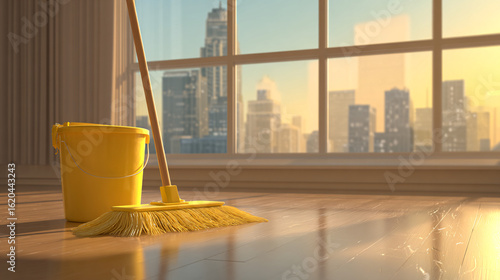 Wallpaper Mural Bright Apartment Floor Cleaning with Yellow Mop Set Torontodigital.ca