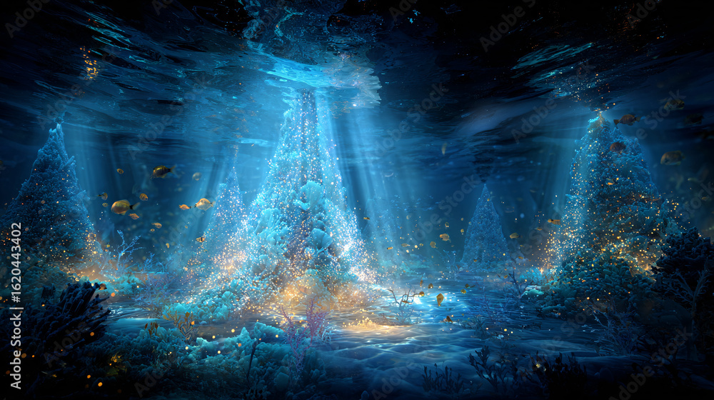Sparkling Underwater Coral Scene with Light Rays and Tropical Fish Sparkling Underwater Coral Scene with Light Rays and Tropical Fish