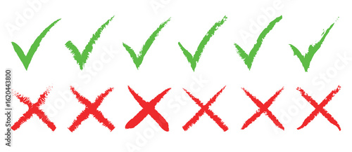 Green check mark and red cross icon set, circle and cross. Tick symbol in green color. Hand drawn checkmark and cross illustration. right and wrong