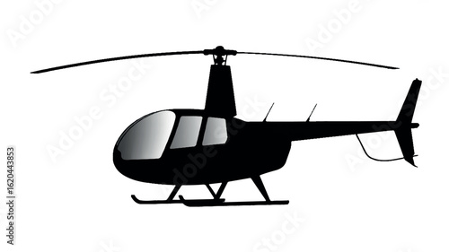 Striking black helicopter silhouette isolated on a clean white background for aviation themes