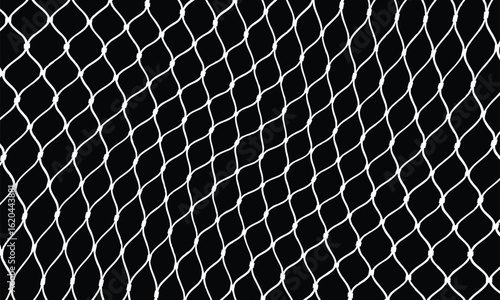Close-up of white fishing net with diamond mesh pattern on black background. Minimalist, geometric style highlighting texture, weave, and symmetry. High contrast, no shadows.