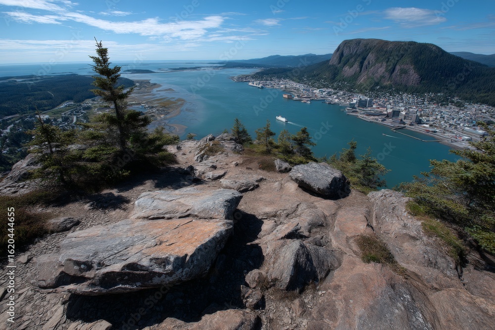 Scenic viewpoint showing the coastline and city from a mountain summit in clear weather Scenic viewpoint showing the coastline and city from a mountain summit in clear weather