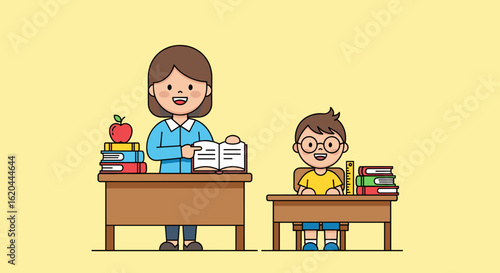 Teacher and student in a classroom setting with desks, books, and an apple, cartoon illustration