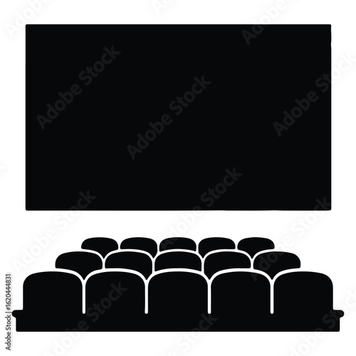 Black and white vector illustration depicting an empty movie theater with screen and seats