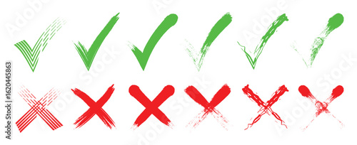 Green check mark and red cross icon set, circle and cross. Tick symbol in green color. Hand drawn checkmark and cross illustration. right and wrong