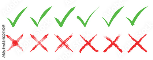 Green check mark and red cross icon set, circle and cross. Tick symbol in green color. Hand drawn checkmark and cross illustration. right and wrong
