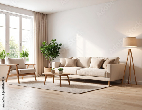 Cozy minimalist living room in scandinavian style featuring comfortable sofa and plants bright home environment inviting viewpoint