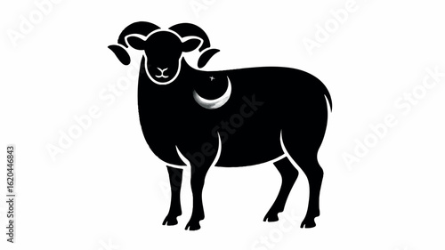 A simple black silhouette of a standing sheep on a clean white background