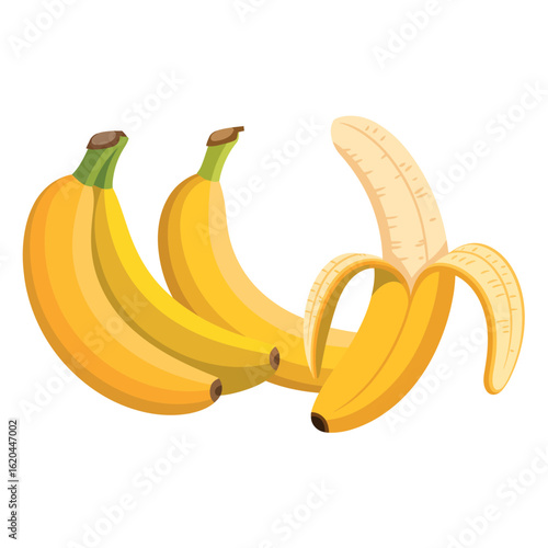 Three ripe yellow bananas one partially peeled on a white background