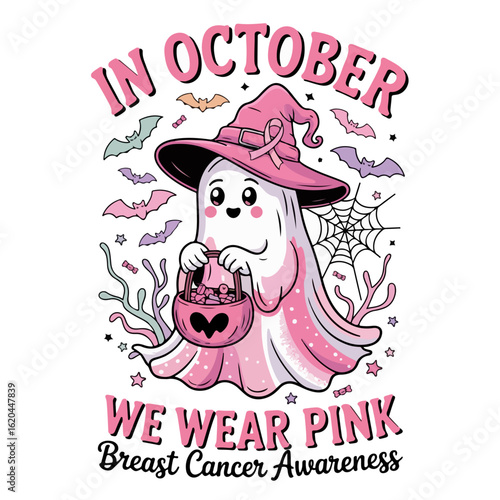 A cute pink ghost wearing a witch hat for breast cancer awareness in october for halloween