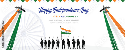 Happy Independence Day India banner with soldiers and jets. Military parade silhouette with tricolor smoke for the August 15th celebration.