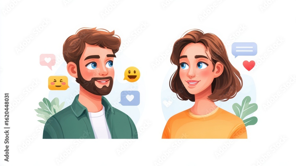 Happy young adult couple in virtual online conversation. Stylized illustration of man and woman communicating through social media with icons representing love and affection Happy young adult couple in virtual online conversation. Stylized illustration of man and woman communicating through social media with icons representing love and affection