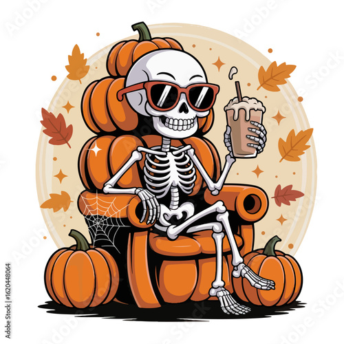 A skeleton wearing sunglasses sits on a pumpkin chair and enjoys a pumpkin spice latte in autumn