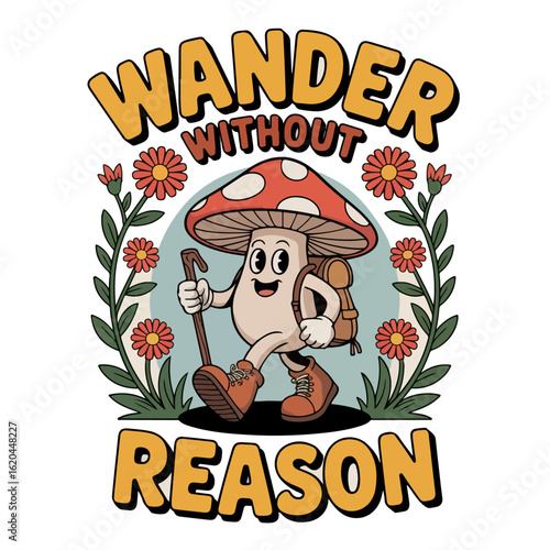 A whimsical mushroom character goes for a wander without reason in a vintage cartoon style with floral accents