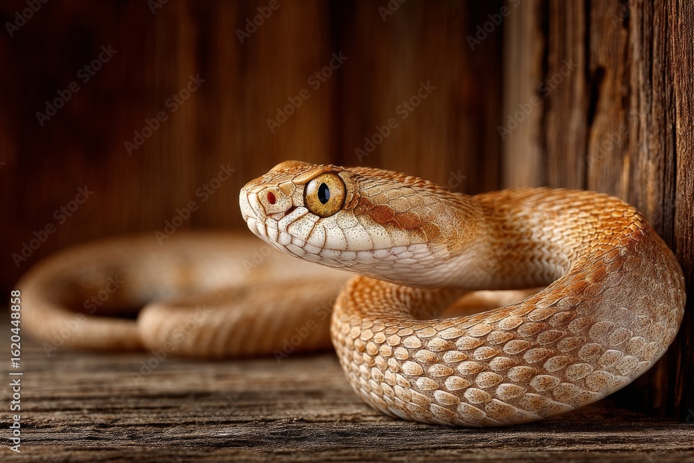Fototapeta premium Coiled snake resting on wooden surface in natural habitat during daylight