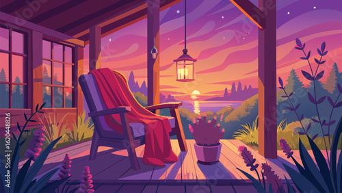 Porch chair with red blanket overlooks serene lake at sunset vector
