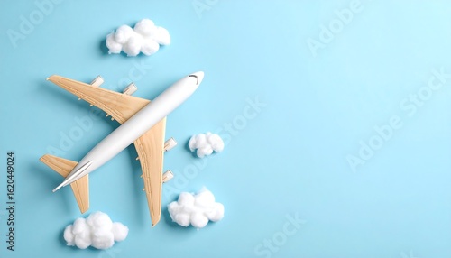 Toy Airplane Against Blue Background With Cotton Clouds