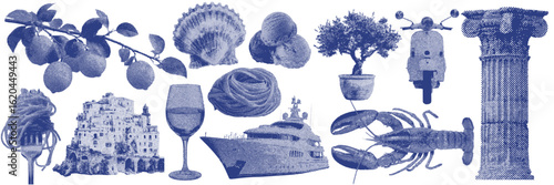 Set of european summer Mediterranean halftone grunge vector design elements