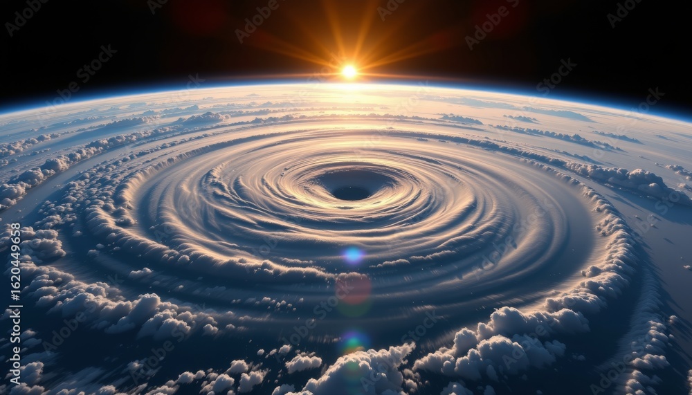 Fototapeta premium Sunrise over a whirling cyclone earth’s atmosphere aerial photography space panoramic view nature's forces unleashed