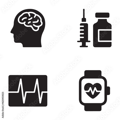 Medical icons showing brain health, injection, heart rate, and smart watch in black and white style