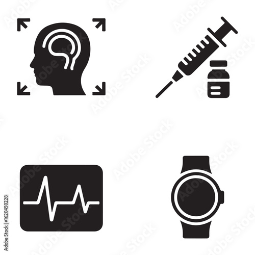 Black silhouette icons showing brain scan, syringe, ekg readout, and smartwatch for healthcare