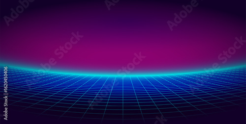 Neon wireframe grid bends toward a glowing magenta void. Pure synthwave. Retro-futuristic, electric, and surreal. Clean geometry 80s background.