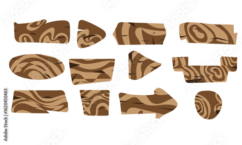Set wooden elements fence, plywood planks, banner, empty signboard textured in cartoon style isolated on white background. Template assets ui game. Collection frames, button.