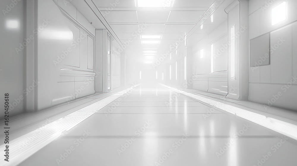 Fototapeta premium Futuristic White Corridor: A Sterile, Clean, and Modern Architectural Design
