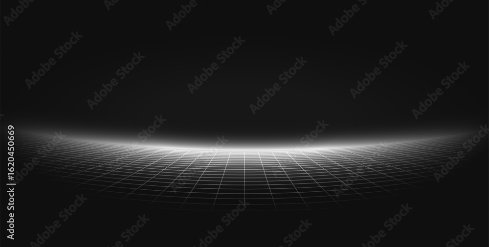 Futuristic wireframe grid curves in darkness. Digital horizon. Retro tech and sci-fi background.