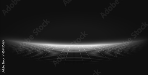 Futuristic wireframe grid curves in darkness. Digital horizon. Retro tech and sci-fi background.