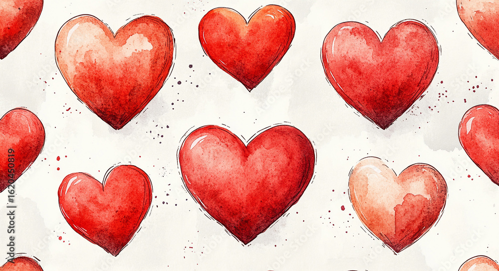Fototapeta premium Hand drawn red heart pattern illustration on white background symbolizing love, romance, and artistic expression