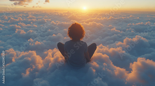 Person meditates calmly surrounded by vibrant clouds with sunlit rays, embracing tranquility in dreamlike atmospheric setting