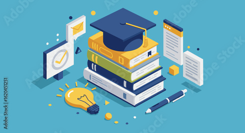 Isometric illustration of a stack of books with a graduation cap, documents, and a lightbulb.