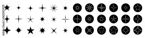 Set of abstract stars and shapes in black round frames, for logos or icons. Vector set. y2k style. EPS 10.