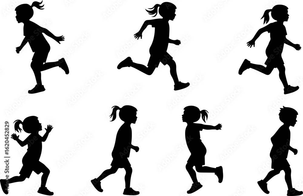 Obraz premium Happy Kids Jumping Silhouette Vector Illustration