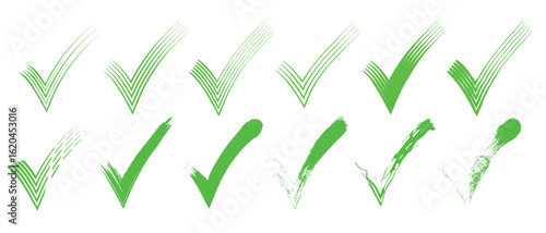 Green check mark icon set, click and right. Tick symbol in green color. Hand drawn checkmark illustration. Vector illustration