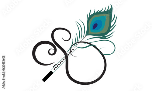 flute with peacock feather,krishna janmashtami colors vector line drawing illustration