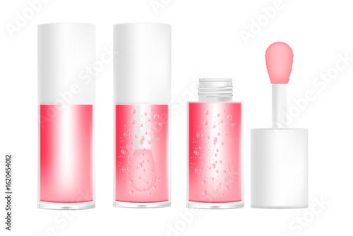 Cosmetic lip gloss oil mockup isolated, transparent background, moisturizing red pink liquid lipstick 3d plastic tube vector packaging, open bottle, white cap, brush cup. Beauty treatment.