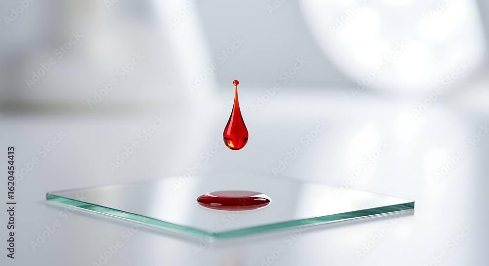 Obraz premium Precise blood drop captured mid-air above microscope slide