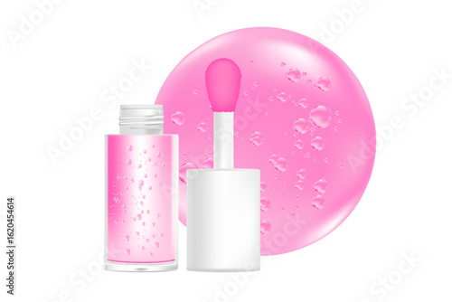 Make up lip gloss oil mockup isolated, transparent background, moisturizing pink liquid lipstick 3d plastic tube vector packaging bottle, brush with clear swatch droplet. Beauty treatment.