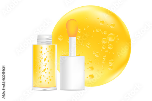Make up lip gloss oil mockup isolated, transparent background, moisturizing yellow honey lipstick 3d plastic tube vector packaging bottle, brush with clear swatch droplet. Beauty treatment.