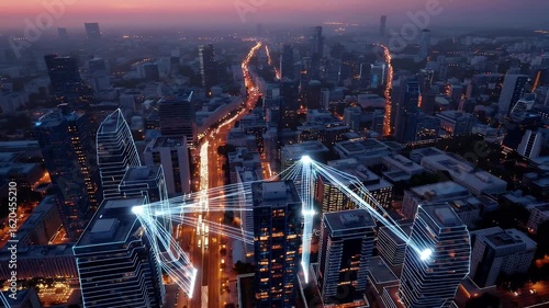 Wallpaper Mural Futuristic smart city with glowing data streams representing a digital communication network connecting a modern metropolis at twilight. Torontodigital.ca