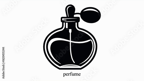 Minimalist black and white illustration of a classic perfume bottle with elegant lines