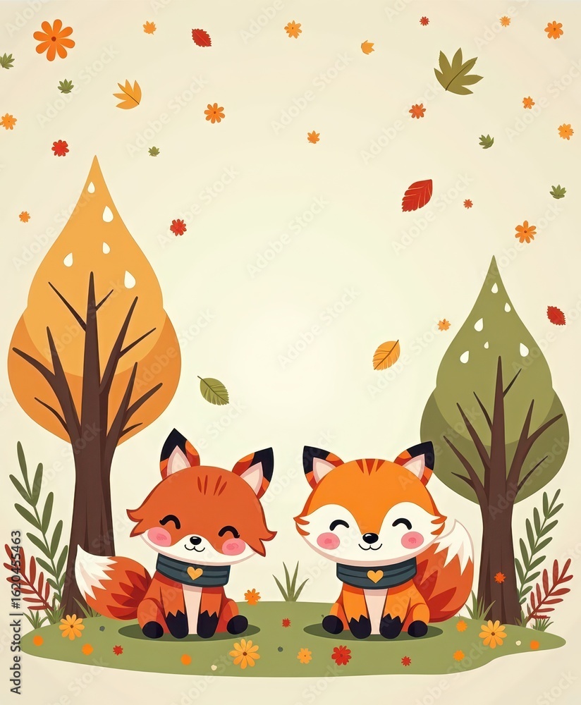Fototapeta premium Cute cartoon foxes sitting in a colorful autumn landscape with falling leaves surrounded by trees and flowers, perfect for children's design and nature themes