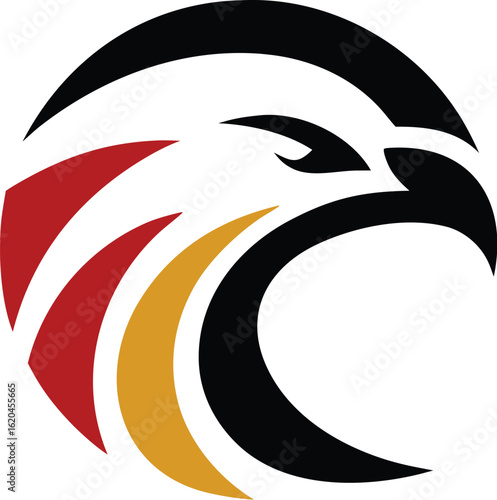 Bold German eagle head mascot logo in national colors, vector graphic