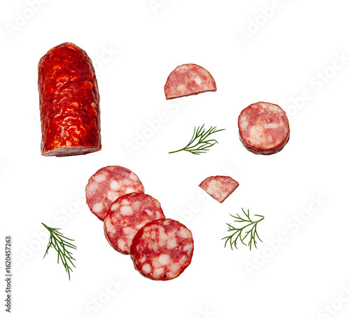 Salami sausage slices isolated on a white background,contour