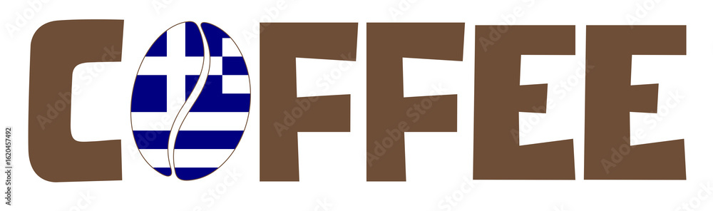 Obraz premium Word coffee with Greek flag inside coffee bean, white background, patriotic design for Greek coffee