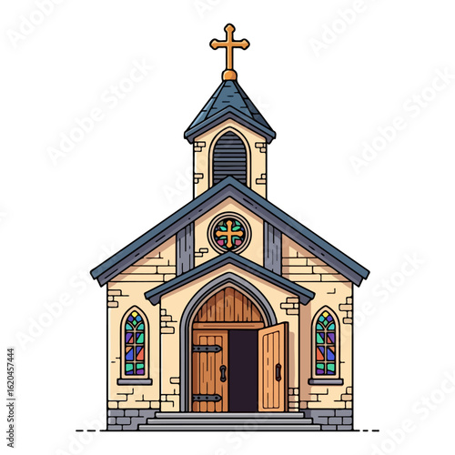 Flat design of a Catholic church, with a cross on the tower and an open wooden door. Vector flat design cartoon. AI generated images.