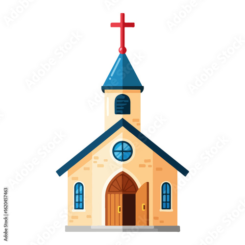 Flat design of a Catholic church, with a cross on the tower and an open wooden door. Vector flat design cartoon. AI generated images.